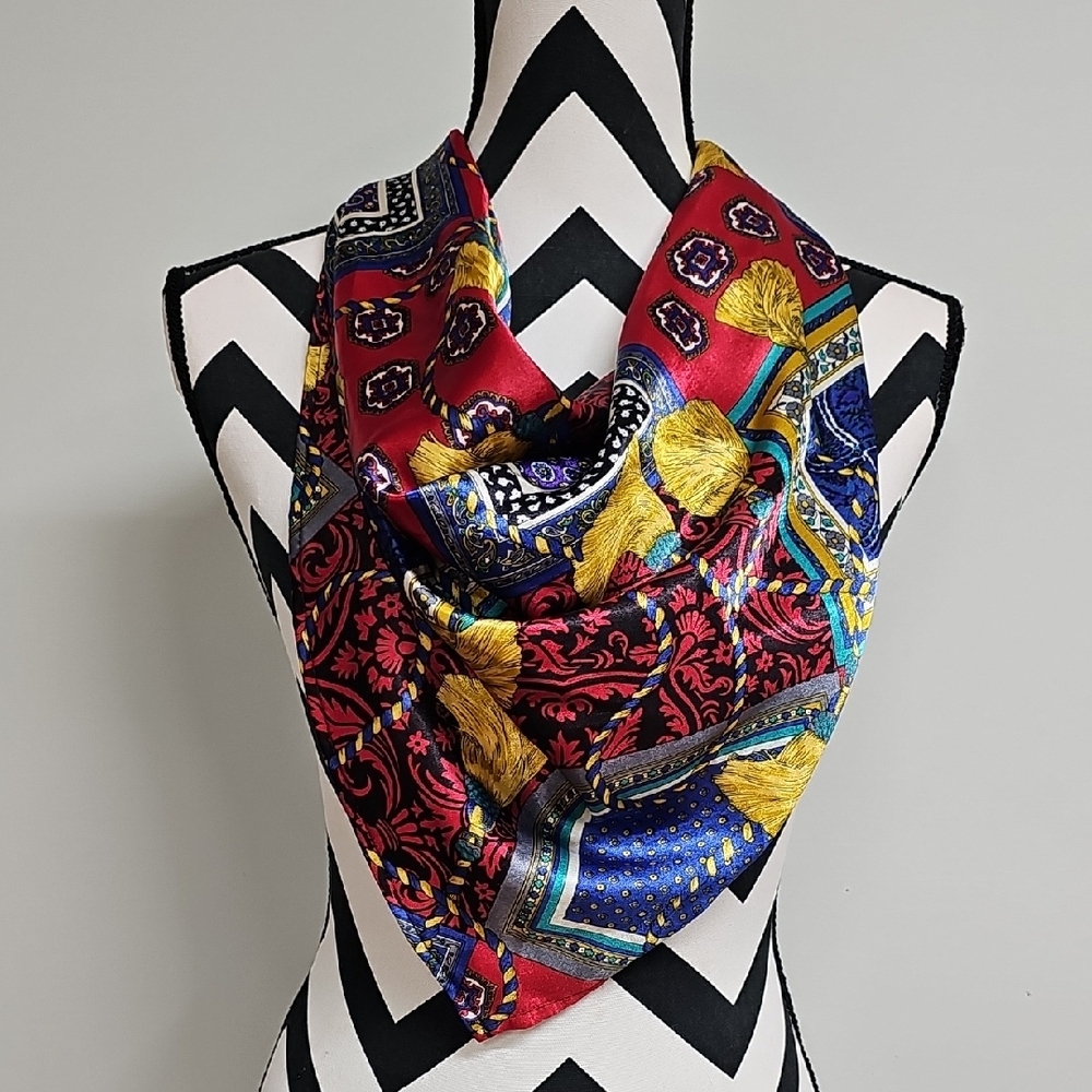 Vtg 90s Satin Baroque Triangle Scarf, Multicolor Tassle & Floral Print 54" × 23" - Picture 1 of 5
